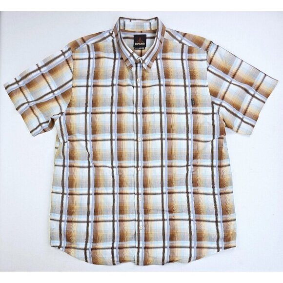 Prana Sz XL Mens Brown Gray Camel Blue Check Short Sleeve Neck Pocket Logo Shirt - Picture 5 of 13